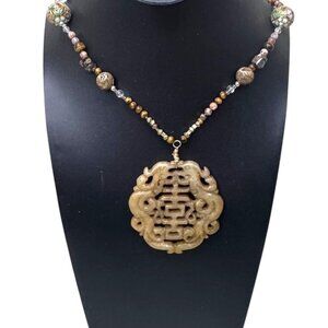 Vintage Large Carved Jade Pendant Necklace Tiger Eye Agate & Cloisonne Beads 26"